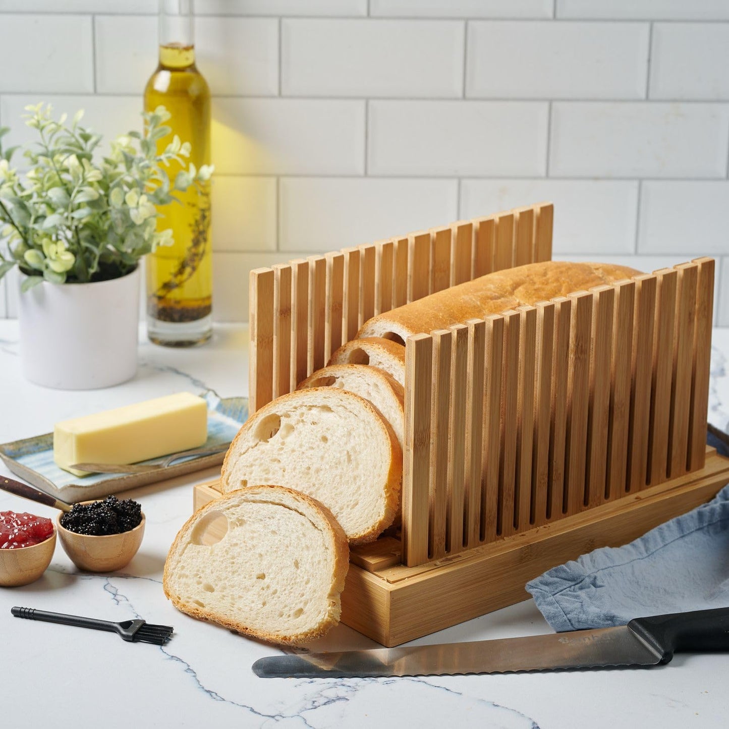 Bread Slicer for Homemade Bread - Bambüsi Upgraded Adjustable Bamboo Bread Cutter Board, Foldable Slicing Guide with Crumb Tray for Sourdough, Artisan Loaves, Bagels, Cakes, Bakery Kitchen Gadget Gift