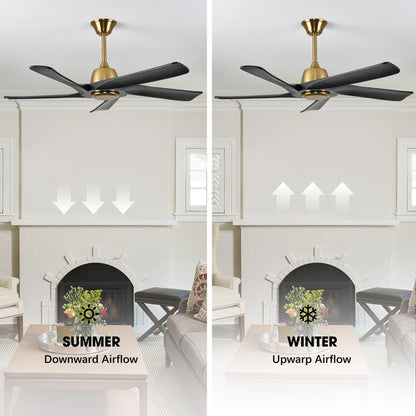LVYEAYOU 52 Inch Solid Wood Ceiling Fan No Lights, Remote and APP Control, DC Motor, 6-speed Reversible, for Bedroom, Living Room, Office, Black Gold