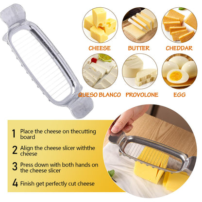 Butter & Cheese Slicer Cutter, Stainless Steel Wire Cheese Slicer, Safe for Food Contact, Multipurpose Handheld Butter Cutter for Block Cheese, Butter, Soft Fruits, and Dishwasher Safe