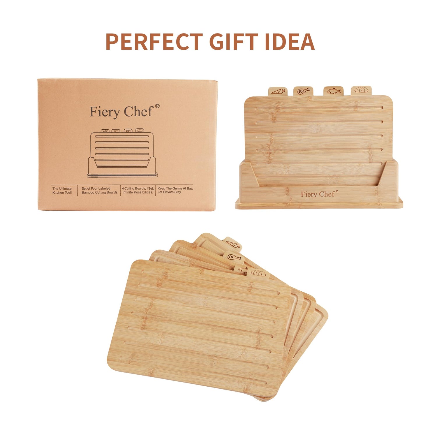 Fiery Chef 14.56"L x 11"W Bamboo Cutting Board Set of 4 - Wood Cutting Board Set with Holder, Chopping Boards Set with Food Icons, Juice Groove - Ideal for Meat, Fish, Bread, Vegetable, Fruit Chopping