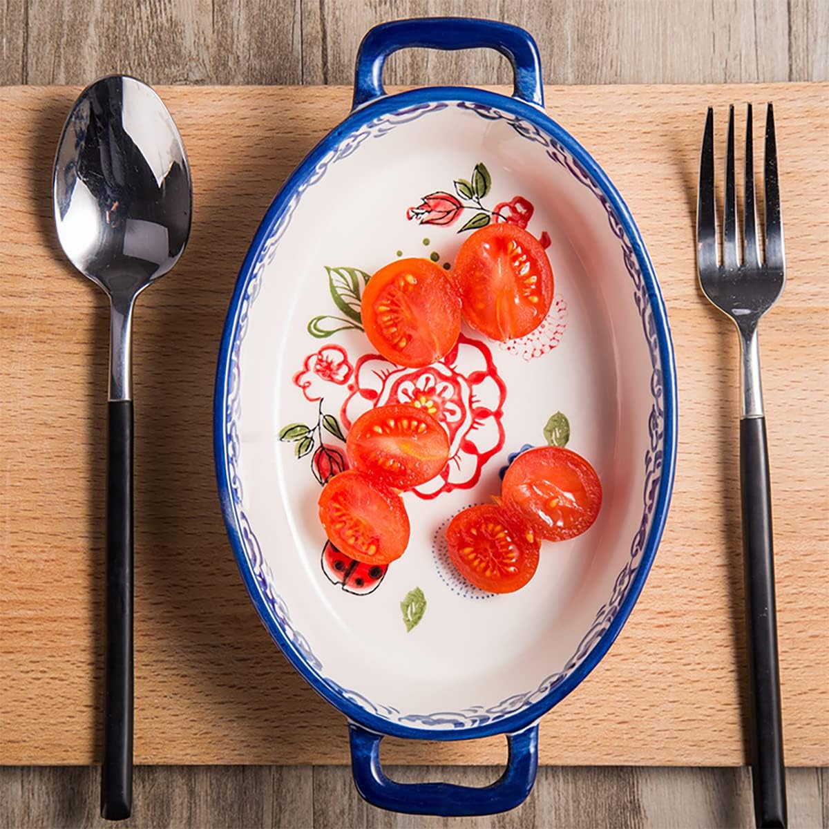 Vintage Style Ceramic Casserole Dish - Flower and Butterfly Ladybug Pattern Baking Pan - 1 PCS - Small Oval with Handles