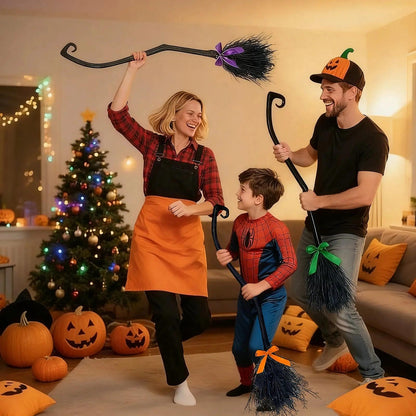 Lachouhaox Halloween Witch Broom with 3 Ribbons, Large Plastic Black Home Decoration Accessory Cosplay Photo Prop for Party