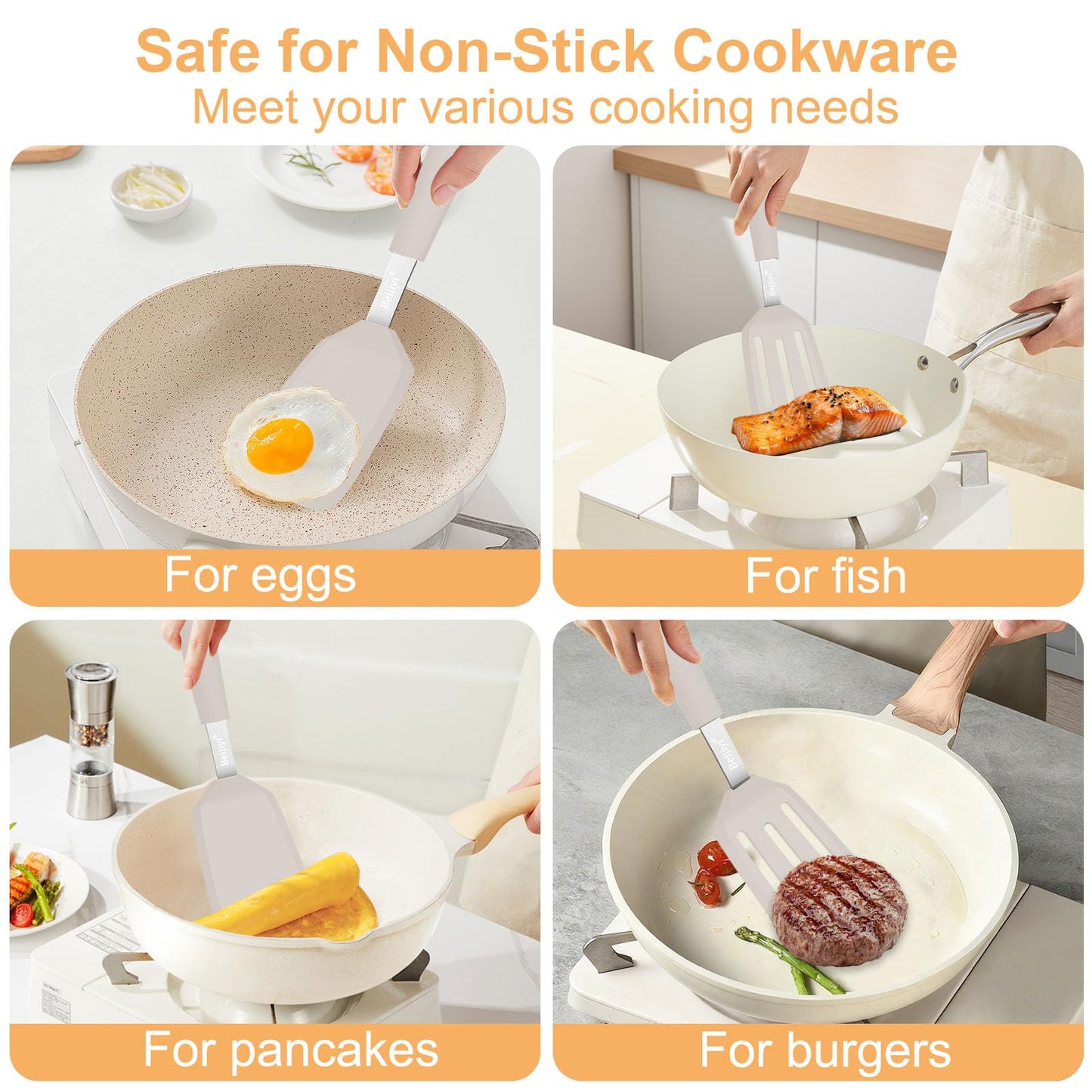 Beijiyi 2 Pack Silicone Spatula Set, 600°F Heat Resistant Spatulas for Cooking, BPA Free Kitchen Utensils, Solid & Slotted Flexible Turner for Non Stick Frying Pan, Flipping Eggs, Pancakes (Khaki)