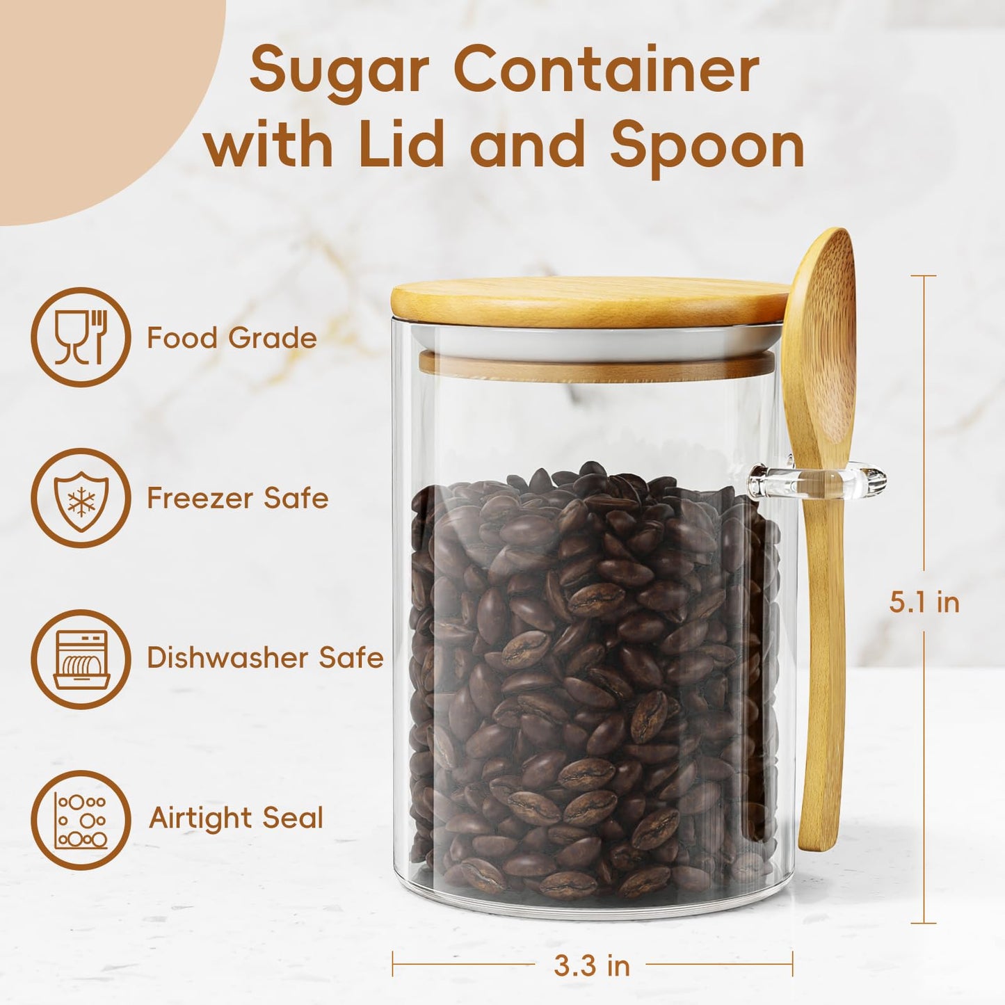KOIKEY Coffee Sugar Container Salts Jars - 15oz Glass Airtight Caning with Bamboo Lids and Spoons Scoop, Storage Overnight Oats, Spice, Creamer, Food Organizer, Set of 3