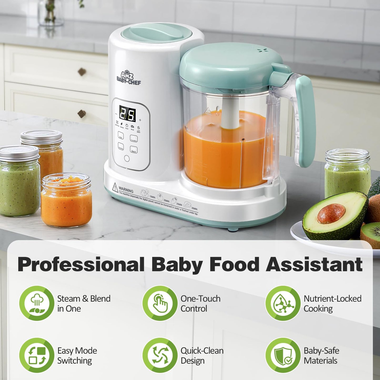 Baby Food Maker Pro Steamer Blender: 4 in 1 Auto Steam Blend and Puree Maker with Self-Clean for Healthy Baby and Toddler Meal Prep - BPA-Free White+Green
