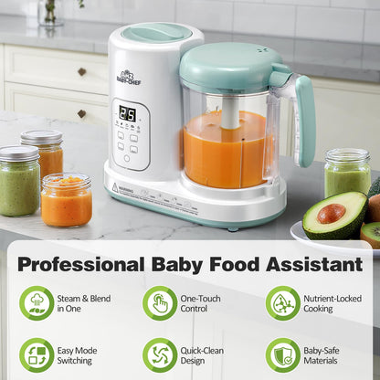 Baby Food Maker Pro Steamer Blender: 4 in 1 Auto Steam Blend and Puree Maker with Self-Clean for Healthy Baby and Toddler Meal Prep - BPA-Free White+Green
