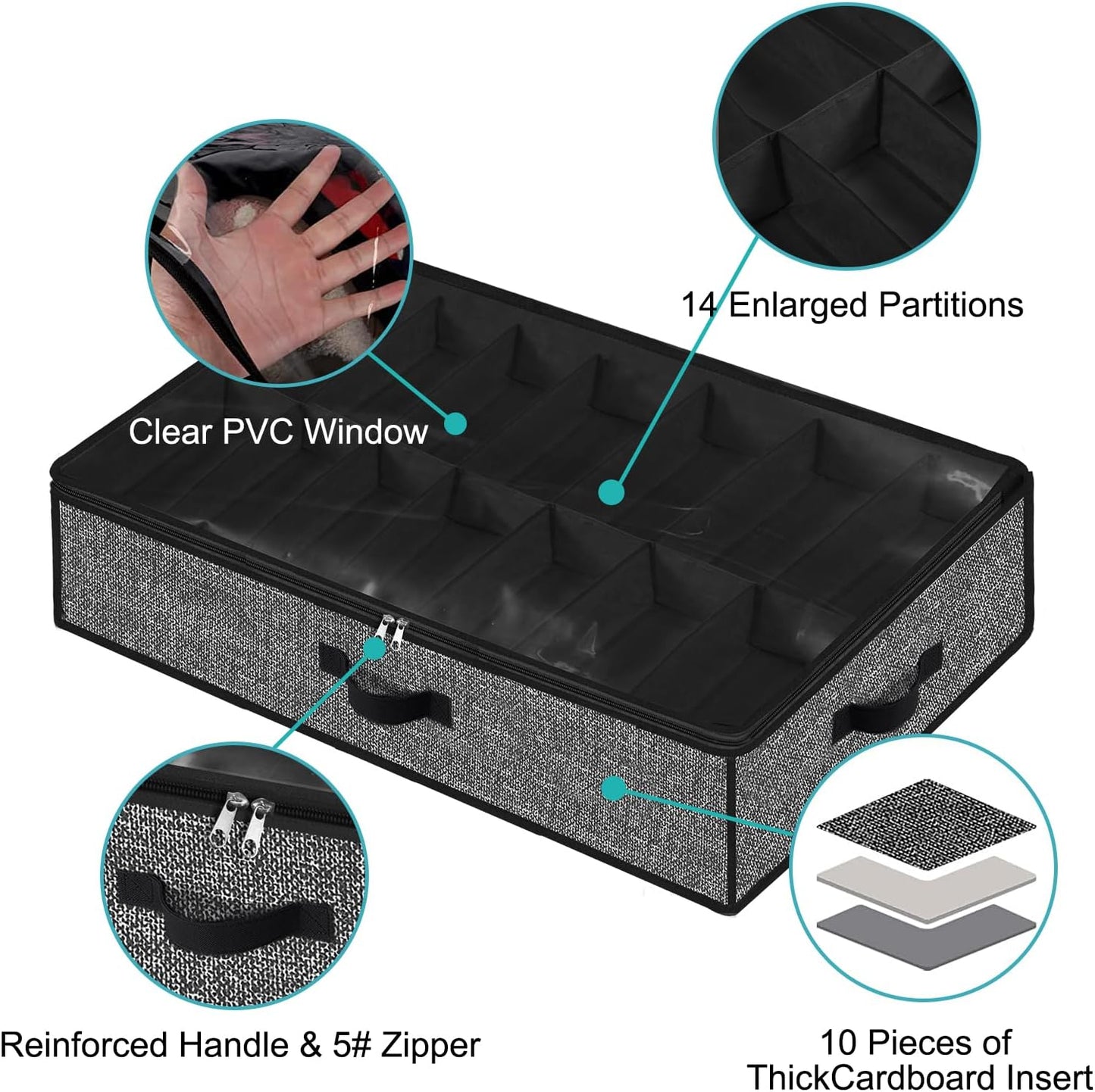 Under Bed Shoe Storage Organizer, 2 Pack Fits 32 Pairs, Clear Window, Foldable Shoe Rack Holder, Black