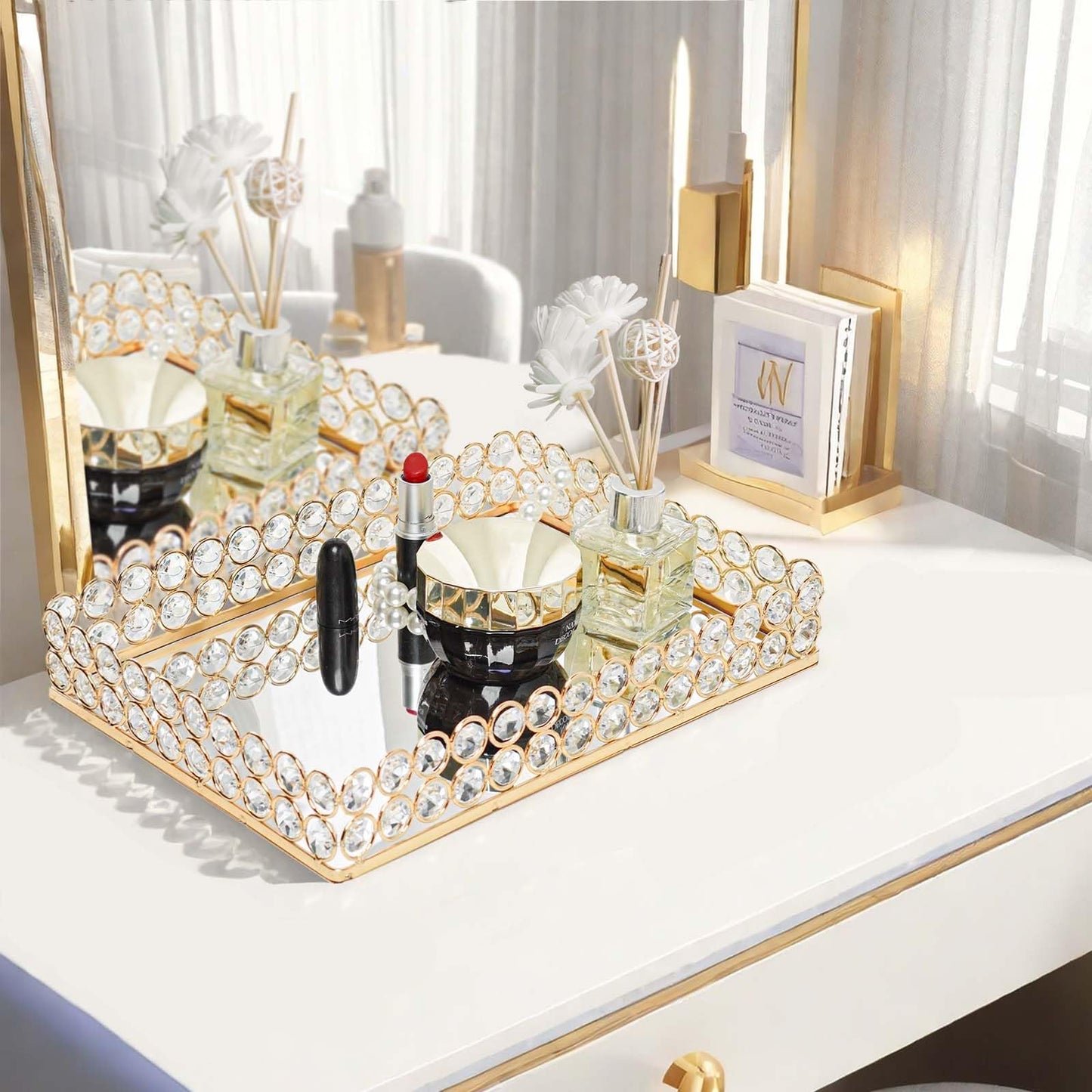 KEHAIL 2 Pcs Gold Metal Crystal Mirror Tray - 11.2"x8.1" Table Centerpieces Tray, Multi-Functional Display for Flowers/Cupcakes/Jewelry, Vanity Organizer & Wedding Dessert Table Accent