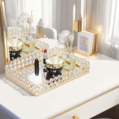 KEHAIL 2 Pcs Gold Metal Crystal Mirror Tray - 11.2"x8.1" Table Centerpieces Tray, Multi-Functional Display for Flowers/Cupcakes/Jewelry, Vanity Organizer & Wedding Dessert Table Accent