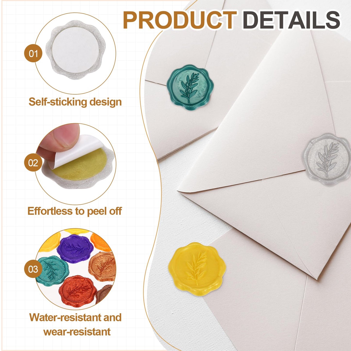 PATIKIL Wax Stamp Stickers, 100Pcs Wax Seal Stickers 3D Embossed Self-Adhesive Envelope Seals Foliage Pattern for Wedding Invitations Gift Wrapping Party DIY Craft, Bright Silver