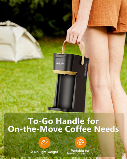 Tastyle Single Serve One Cup Coffee Maker, for K Cups and Grounds, Mini Coffee Maker with Portable Handle, 6 to 12 Oz Brew Size, for Travel, Camping, Office, RV and Dorm, 120V, Black and Gold