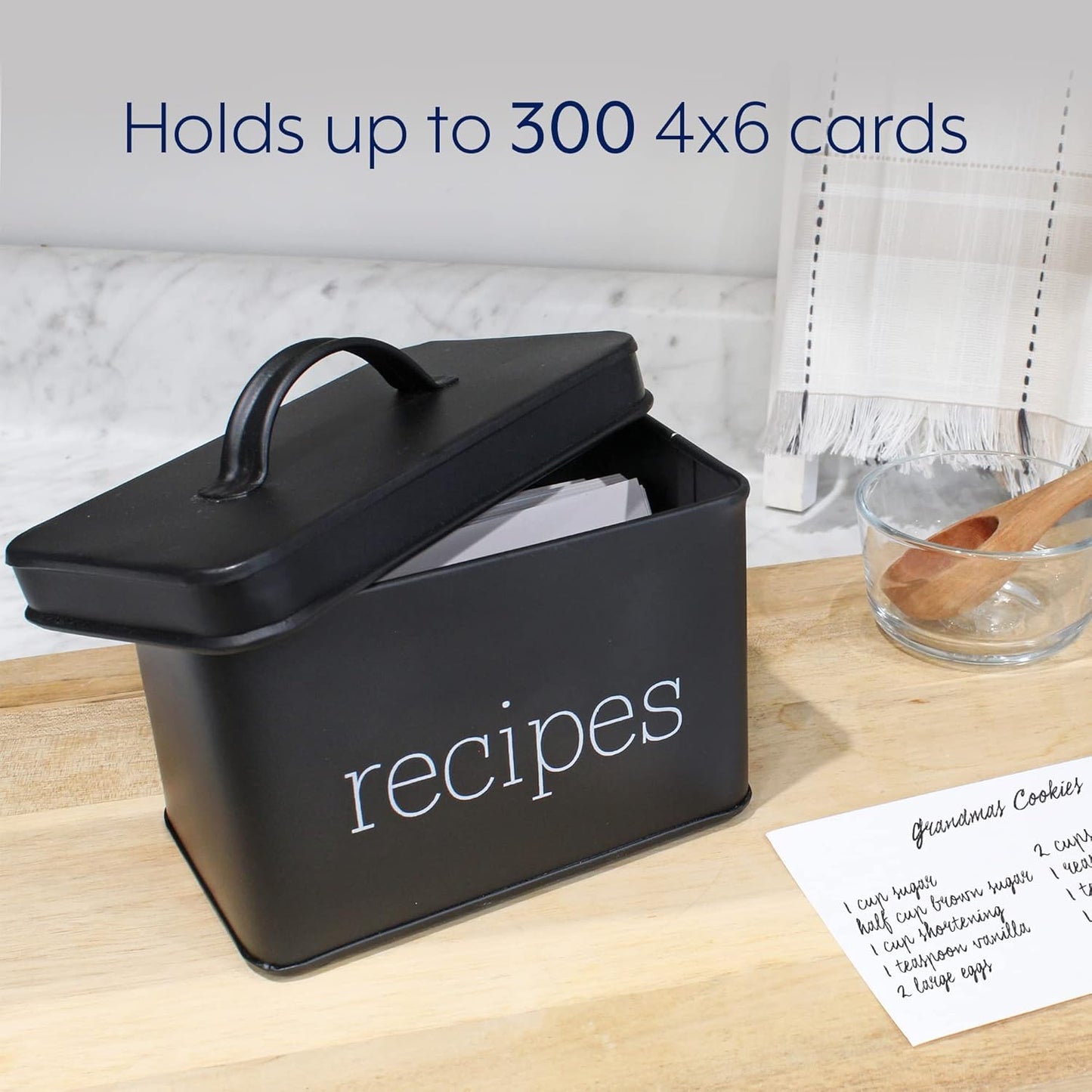 AuldHome Farmhouse Enamelware Recipe Box (Black) for 4 x 6 Inch Recipe Cards