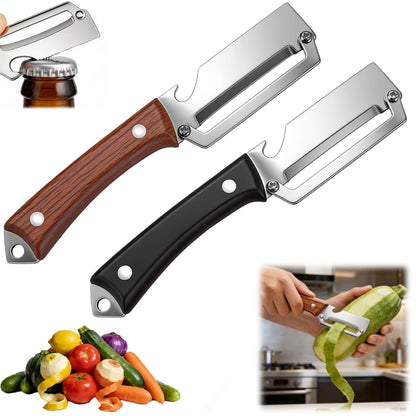 2PCS Premium 2-in-1 Vegetable Peeler with Wooden Handle, Stainless Steel Blade & Bottle Opener, Multi-Purpose Kitchen Tool for Apple, Potato, Pumpkin, Papaya & Various Fruits/Vegetables (Wood+Black)