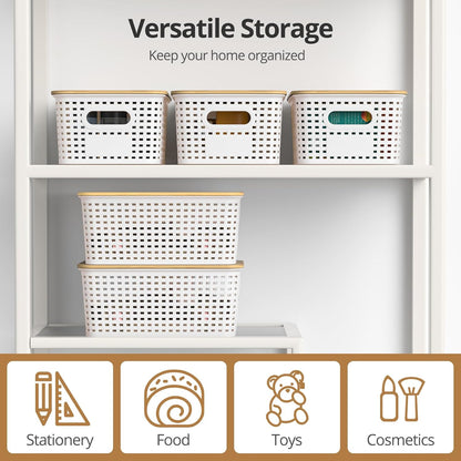 Plastic Storage Baskets - Stackable Organizing Bins with Bamboo Lids | 6 Pack, 10.2x7.2x4.1 Inch, White