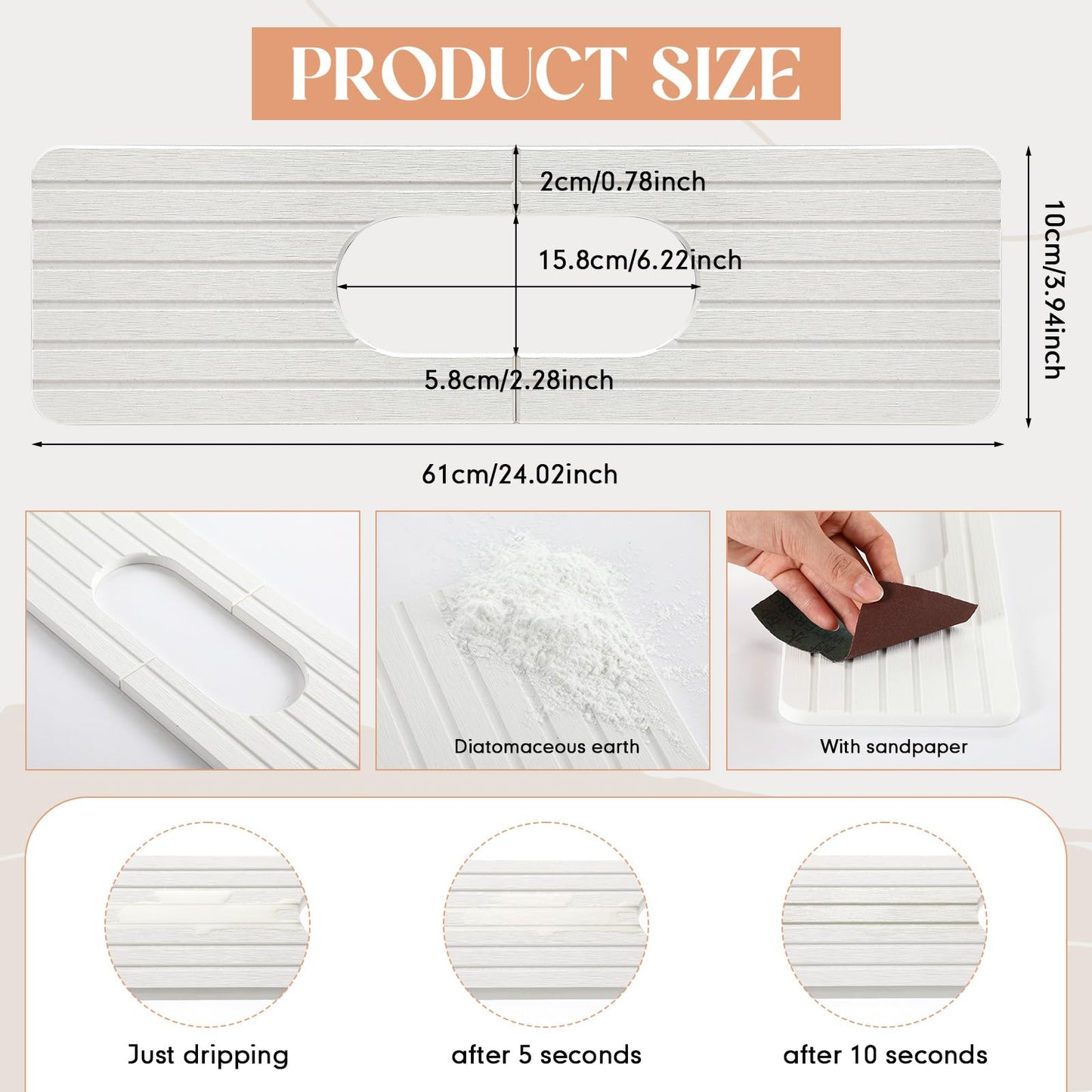 Funnymoom Stone Faucet Mat Sink Splash Guard, 24" Diatomite Quick Drying Stone Faucet Mat, Super Absorbent, Kitchen Sink Oval and Round Splash Tap Pad for Bathroom Counter & Kitchen(White)