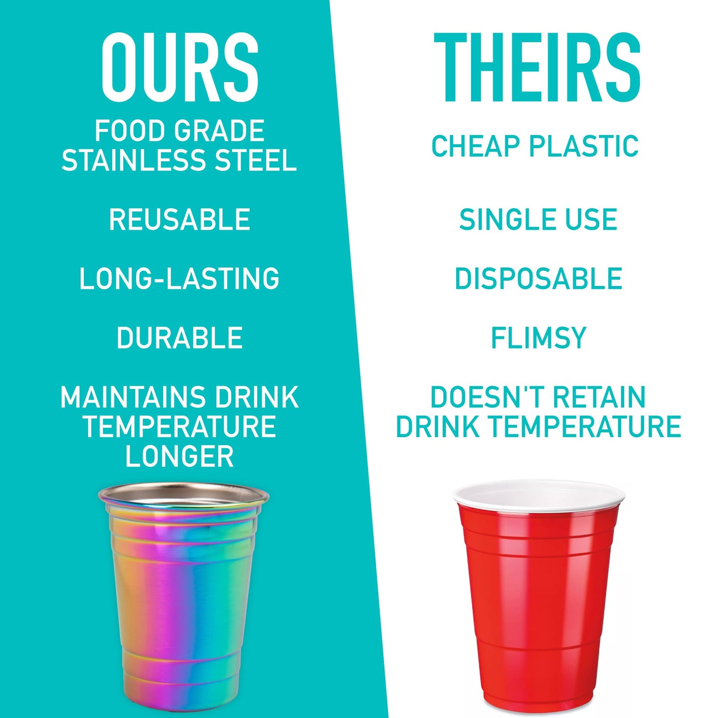 D'Eco Rainbow Stainless Steel Party Cups (4 Pack, 16 oz) - Reusable, Stackable, BPA-Free Metal Tumblers - Shatterproof Drinking Cups for Parties, Games, College, Entertaining, Outdoor & Everyday Use