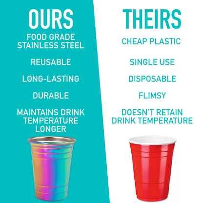 D'Eco Rainbow Stainless Steel Party Cups (4 Pack, 16 oz) - Reusable, Stackable, BPA-Free Metal Tumblers - Shatterproof Drinking Cups for Parties, Games, College, Entertaining, Outdoor & Everyday Use