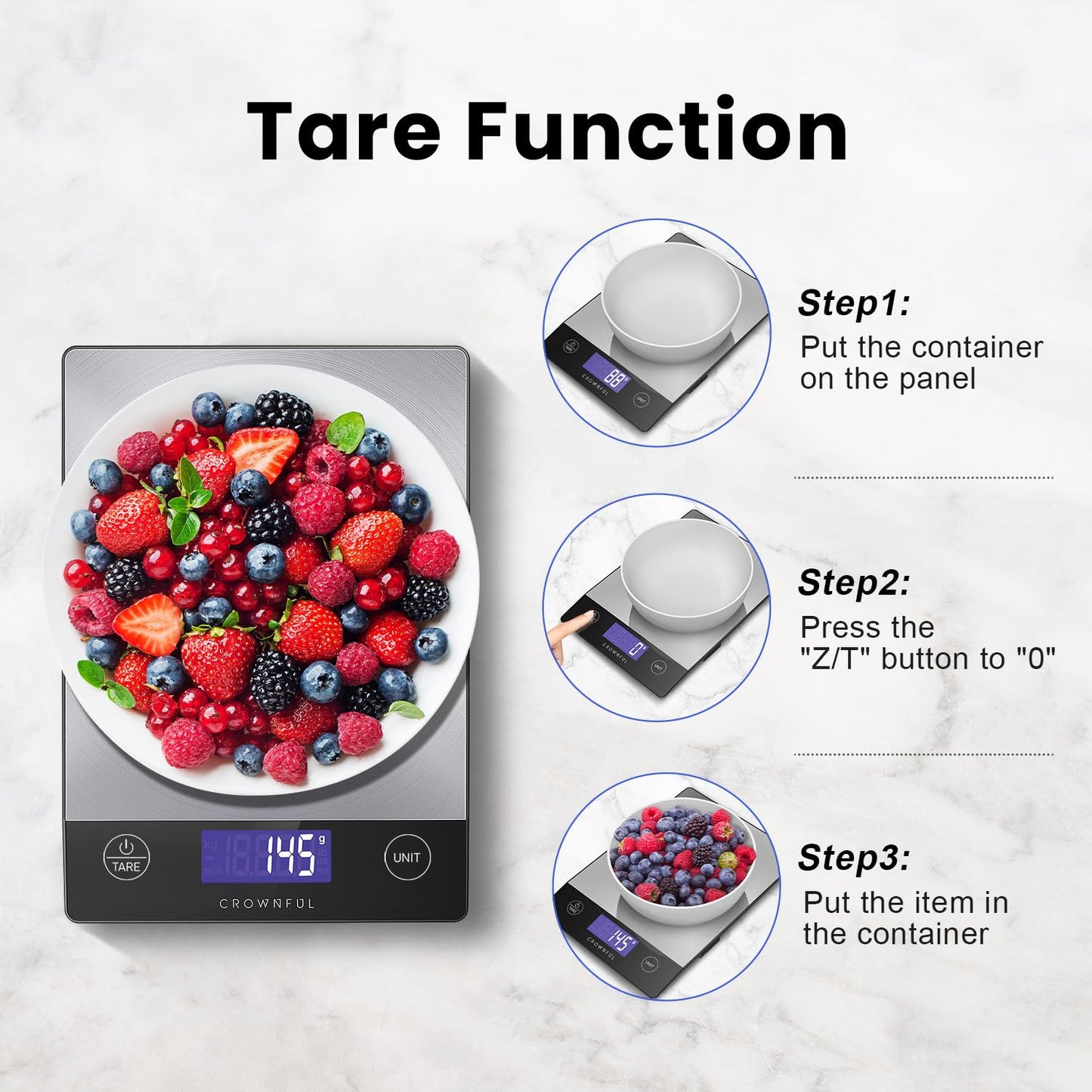 CROWNFUL Food Scale, 33lb Rechargeable 304 Stainless Steel Digital Kitchen Scale Weight Grams and Ounces with LCD Display and Type-C Charging for Meal Prep, Baking and Cooking