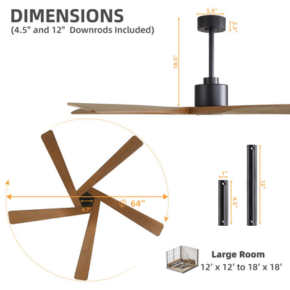 WINGBO 64" ABS DC Ceiling Fan No Light, 5 Blade ABS Plastic Ceiling Fan with Remote, 6-Speed Reversible DC Motor, Ceiling Fans without Light for Kitchen Bedroom Living Room, Matte Black and Walnut