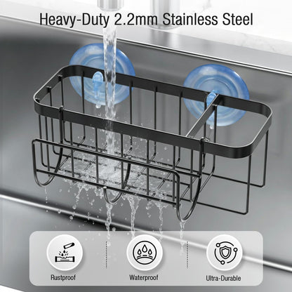 HOKEMOM 3-in-1 Kitchen Sink Caddy Organizer with Sponge Holder, Brush Holder, Extra Rack for Scrubber, Sink Stopper, Dish Cloth Hanger - Strong Dual Suction Cup, 2.0mm SUS304 Stainless Steel - Black