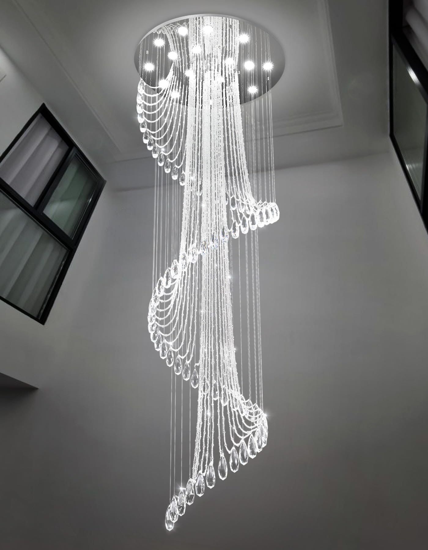 D40'' x H120'' Modern Crystal Chandelier for Foyer Glam Chandelier High Ceiling Chandeliers Large Raindrop Pendant Lights LED Dimmable Light Fixtures for Staircaes Living Room Entryway Silver