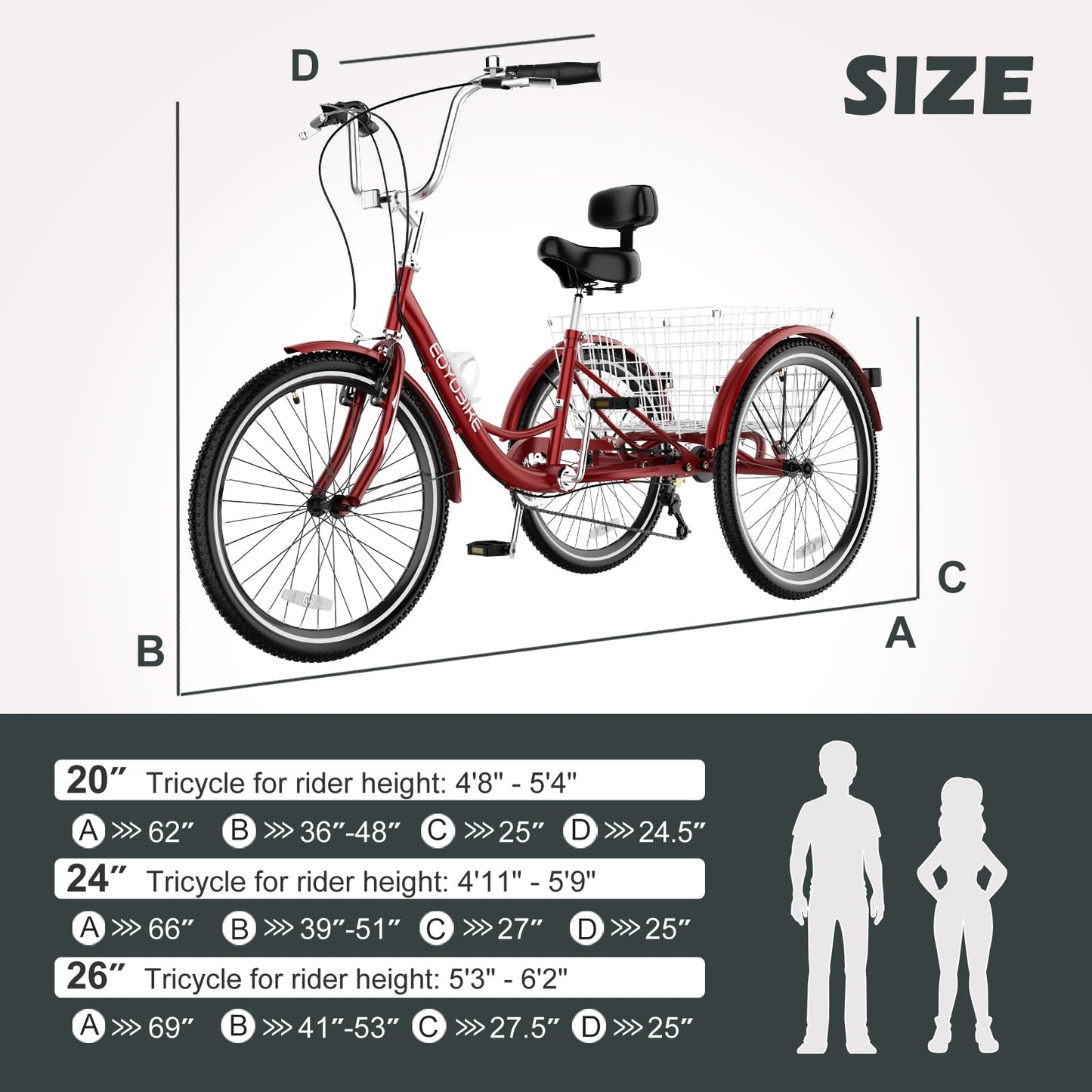 ABORON Adults Tricycle, 3 Wheels Bike for Adult, Tricycle for Adults, Double-Wall Wheel Rims, Tricycle for Women Men Exercise Outdoor Sports