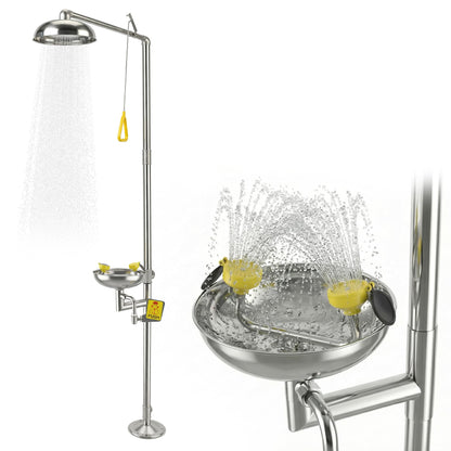 Emergency Eye Wash Station with Shower, 304 Stainless Steel Eye Wash and Shower Combination, Floor Mounted Stand Up Eyewash Station, Safety First Aid for Industrial, Commercial and Lab Use