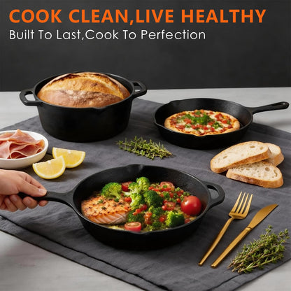 Asderote 6 Piece Pre-Seasoned Cast Iron Cookware Set – Incl. 5QT Dutch Oven with Lid, 8'' and 10.25'' Cast Iron Skillets, 10.5'' Round Griddle, and a Square Grill Pan for Kitchen, Stovetop, & Camping