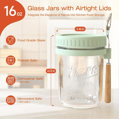 16oz 4 Pack HomArtist Overnight Oats Containers with Lids and Spoons, Wide Mouth Mason Jars with Airtight Lids