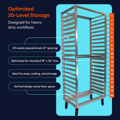 DCUBE 20 Level 3" Spacing Side Load, Commercial Aluminum Pan Rack, Heavy Duty Sheet Pan Rack, Electronics Industry Rack, Mobile Clean Room and Pharma Rack with Wheels, 20.5"x26"x 70"