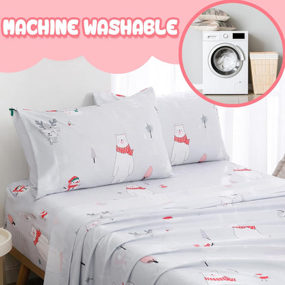 Set Sets 4 Yibeizi Kids Christmas Sheets Full Size, Light Grey Bear Snowmen Printed Sheet for Boys Girls, Cute