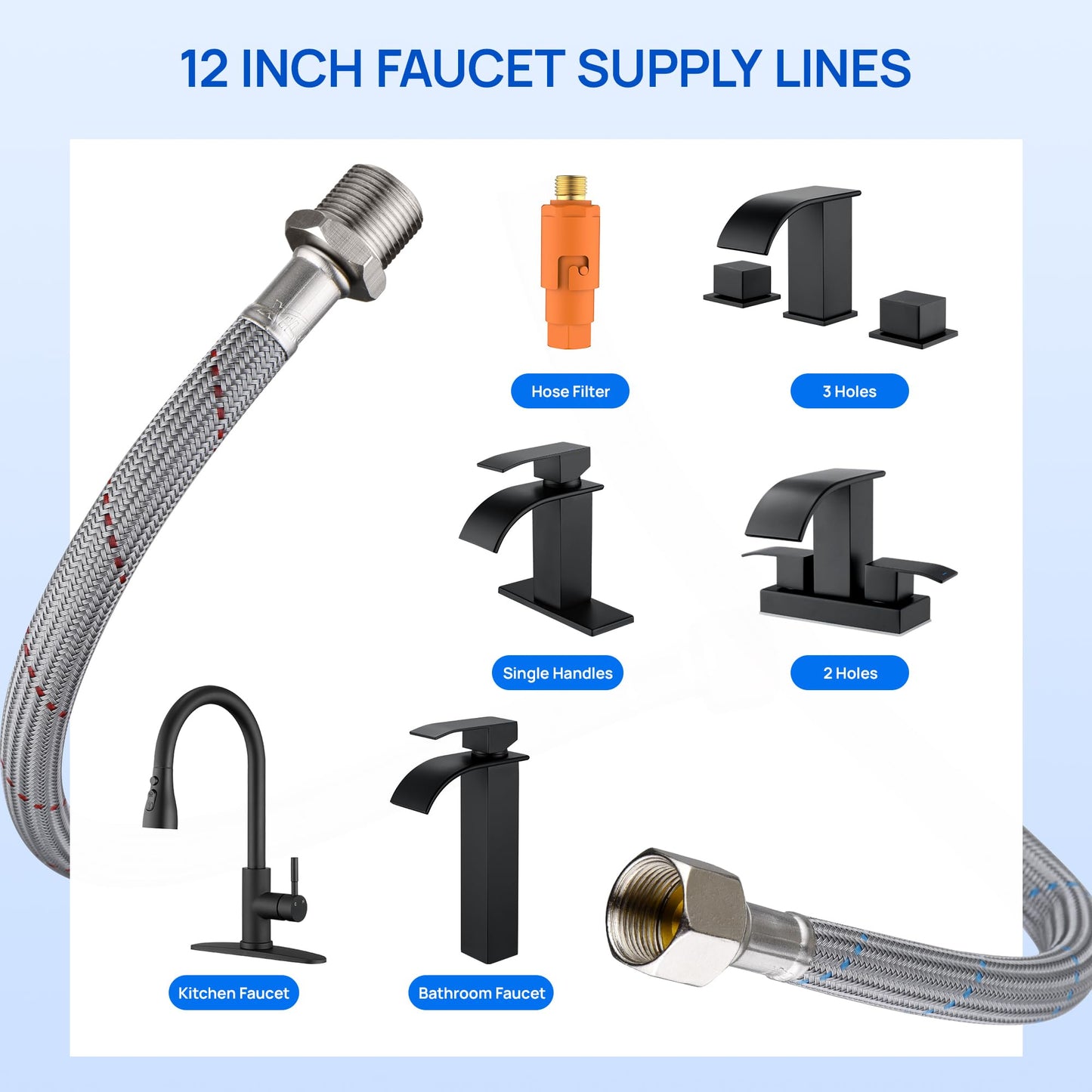 J-HVA Faucet Supply Lines Length 12" x G 3/8 Female Thread Connector Braided Nylon Extension Hoses for Bathroom Kitchen Sink Faucet Hose Filter, Stainless Steel Nut (1 Pair)