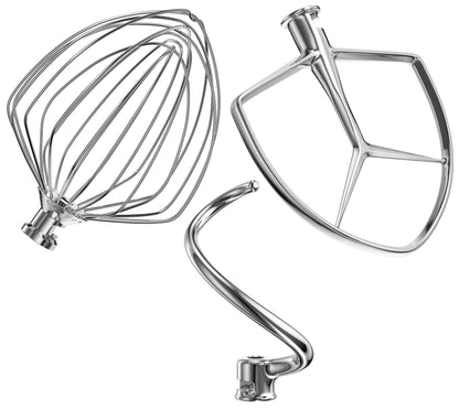 Stainless Steel Stand Mixer Attachments 3-Piece (7QT Flat Beater, 7QT Dough Hook, 7QT 9-Wire Whip Attachment) for KitchenAid Lift Stand Mixer and 7 Quart Bowl, Dishwasher Safe