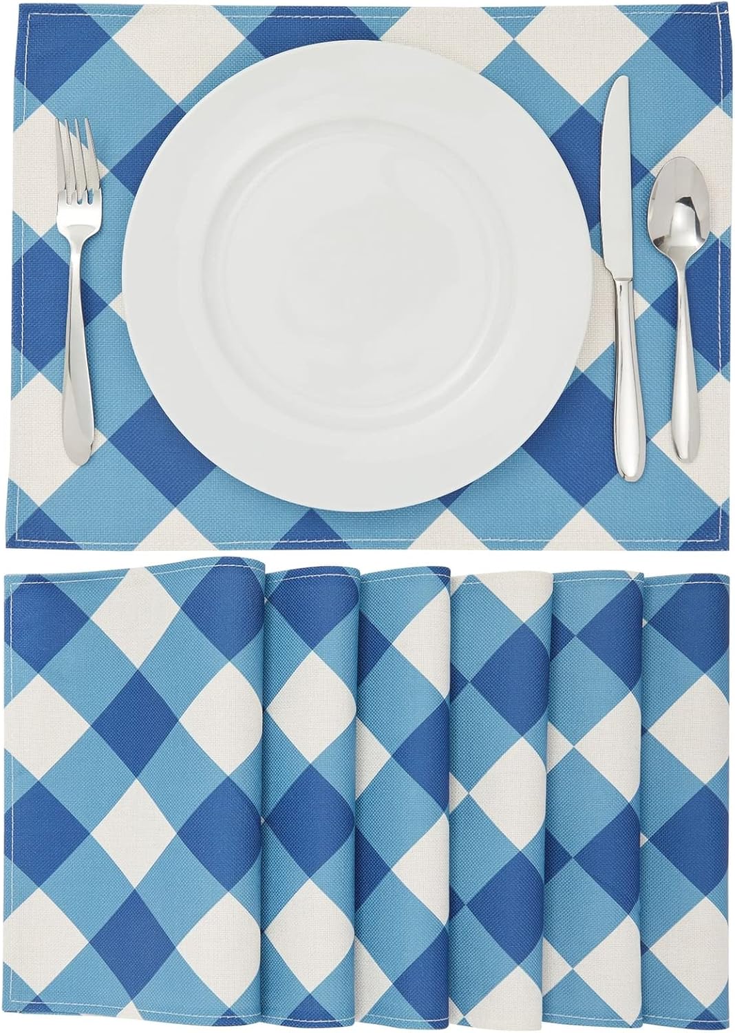 Set of 6 Blue and White Plaid Cloth Placemats, Washable Table Mats with Buffalo Design for Dining Table