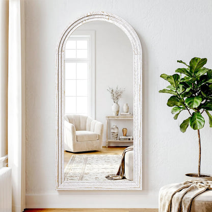 WISSMIELS 30"x71" Full Length Mirror Solid Wood Frame, Arched Floor Mirror Full Length with Stand, Room Decor Big Full Body Mirror with HD Tempered Glass for Bedroom, Living Room, White