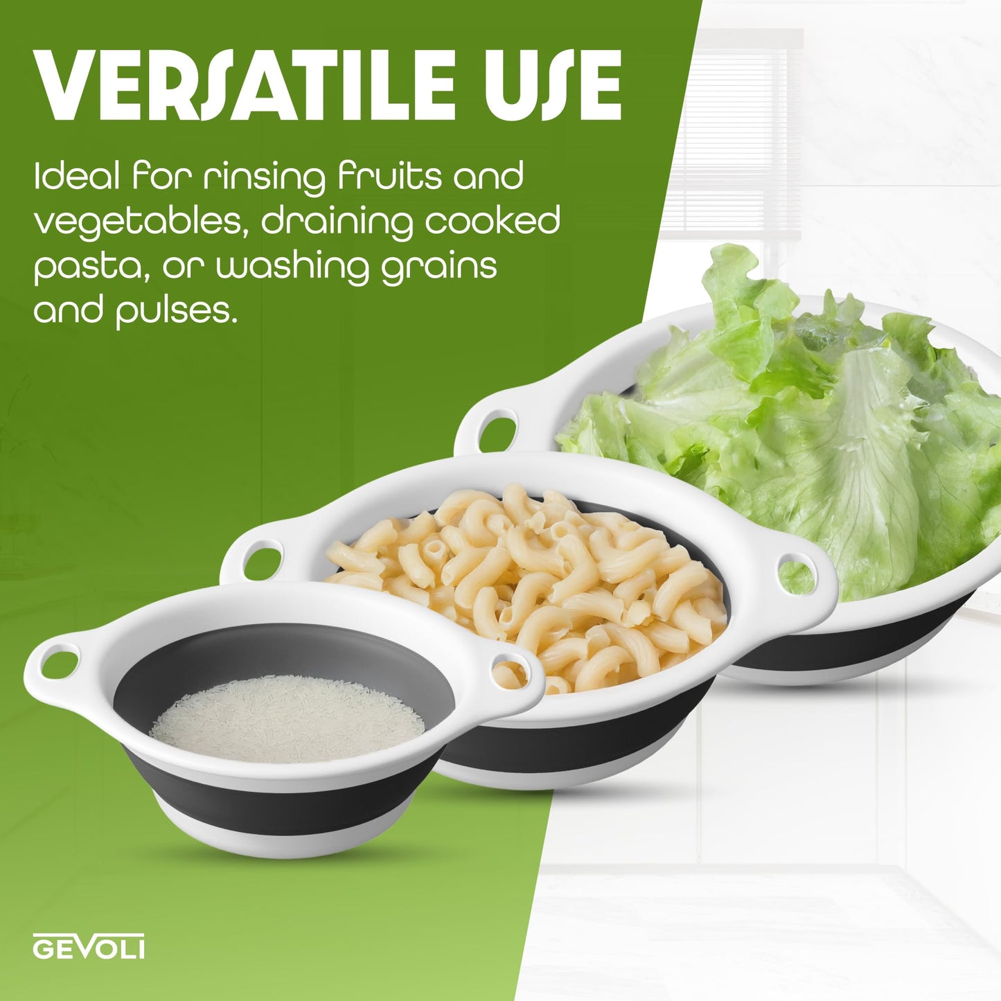 Gevoli Collapsible Colanders (3 Pack Set) Food Strainers with Over-Sink Water Draining Base for Pasta Fruits and Vegetables (Patent Pending) White (3 Sizes, 3QT, 4QT and 5 Quart)