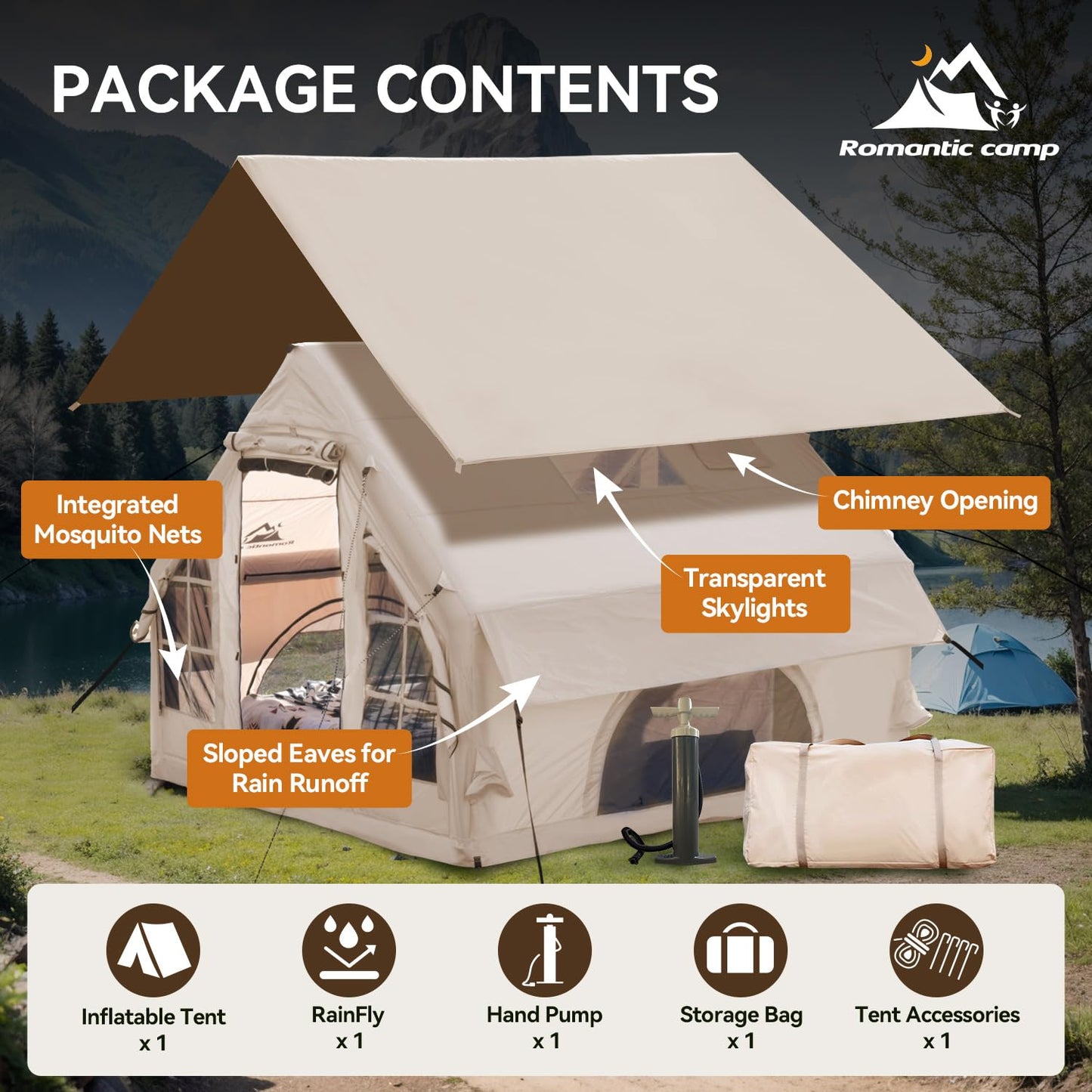 Romantic Camp Inflatable Camping Tent with Pump,4-6 Person Waterproof Blow Up Air Tent for Camping Hiking,Easy to Set Up 4-Season Inflatable House Tent with Oversized Canopy(75FT²).