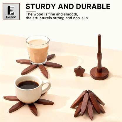 Wooden Trivets for Hot Dishes, Wooden Tree Trivet Set of 4 + 1 Stand Stored Like a Christmas Tree, Premium Heat-Resistant Natural Trivet Set for Kitchen Countertop, Bowl, Teapot