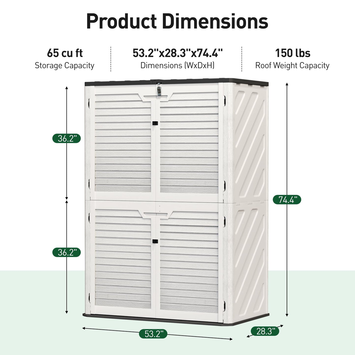 WillowLume 65 Cu.Ft Outdoor Storage Shed, Lockable Outdoor Vertical Resin Storage Cabinet with Floor, All-Weather Waterproof Shed for Garden, Backyard, Pool (65 cu ft)