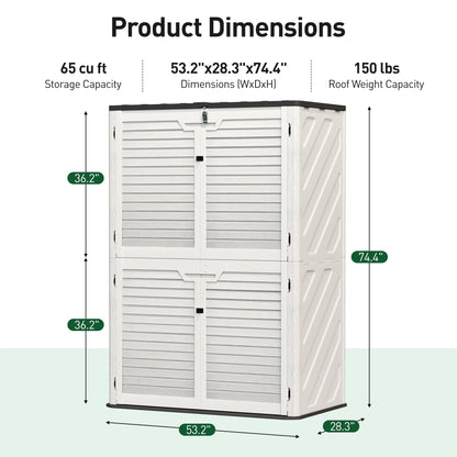 WillowLume 65 Cu.Ft Outdoor Storage Shed, Lockable Outdoor Vertical Resin Storage Cabinet with Floor, All-Weather Waterproof Shed for Garden, Backyard, Pool (65 cu ft)