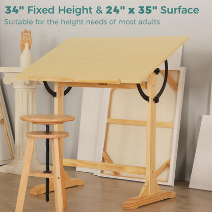 VISWIN Wood Drafting Table for Adults, 24'' x 35" Drawing Table with Adjustable Angle for Art Studio, 34" Height Solid Pine Wood Artist Desk for Drawing, Drafting, Writing, Reading, Sketching