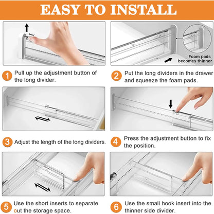 Casaverra Acrylic Drawer Dividers – Adjustable 11–20.8 Inch Expandable Deep Dresser Drawer Dividers – Clear Plastic Drawer Separators for Baby Clothes, Underwear, Kitchen & Office Storage.