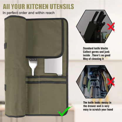 QIQU Army Green Chef Knife Bag With 20 Slots Cutlery Knives Holders Protectors, Home Kitchen Travel Cooking Tools, Portable Canvas Knife Roll Storage Bag Chef Case for Camping or Working