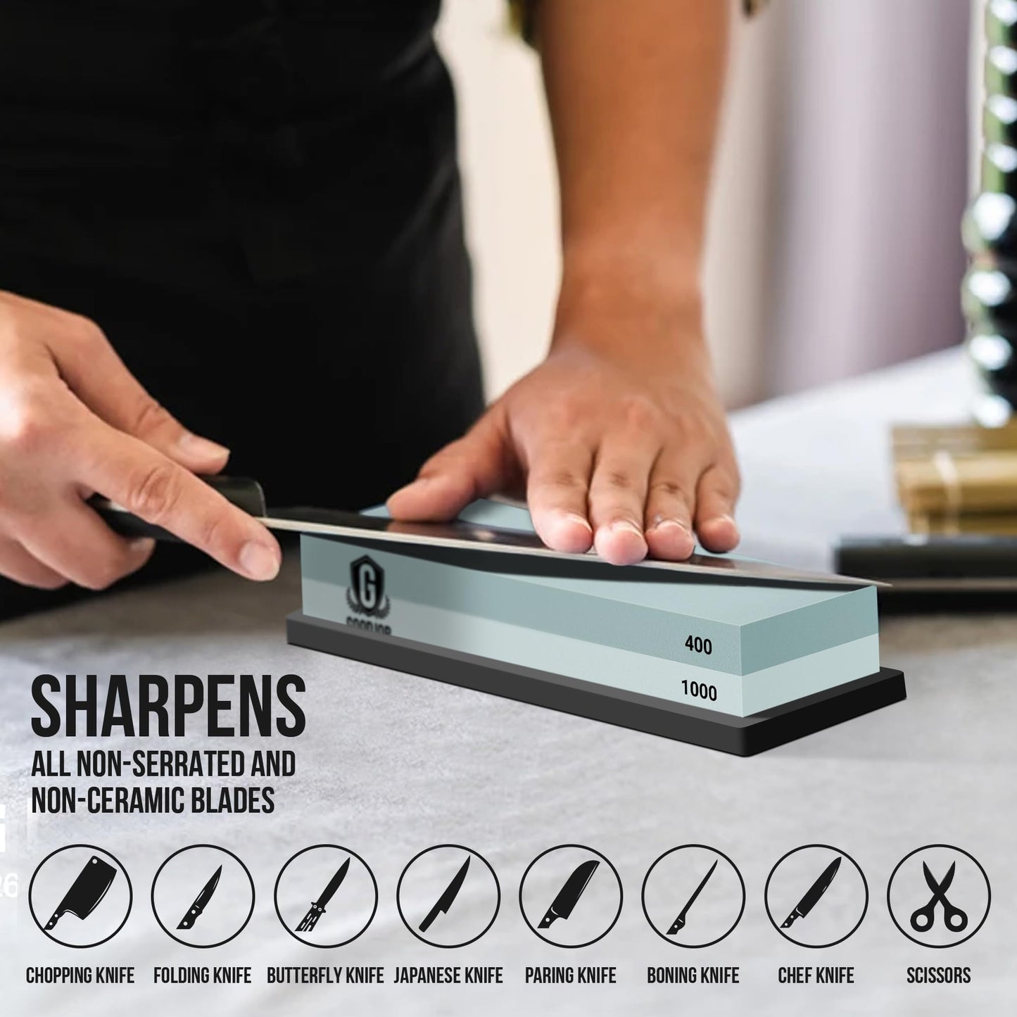 Knife Sharpening Stone Kit - Goodjob Premium Japanese Whetstone Knife Sharpener Stones Set - Dual Grit 400/1000 Water Stones with Non-Slip Silicone Base, Angle Guide, Flattening Stone