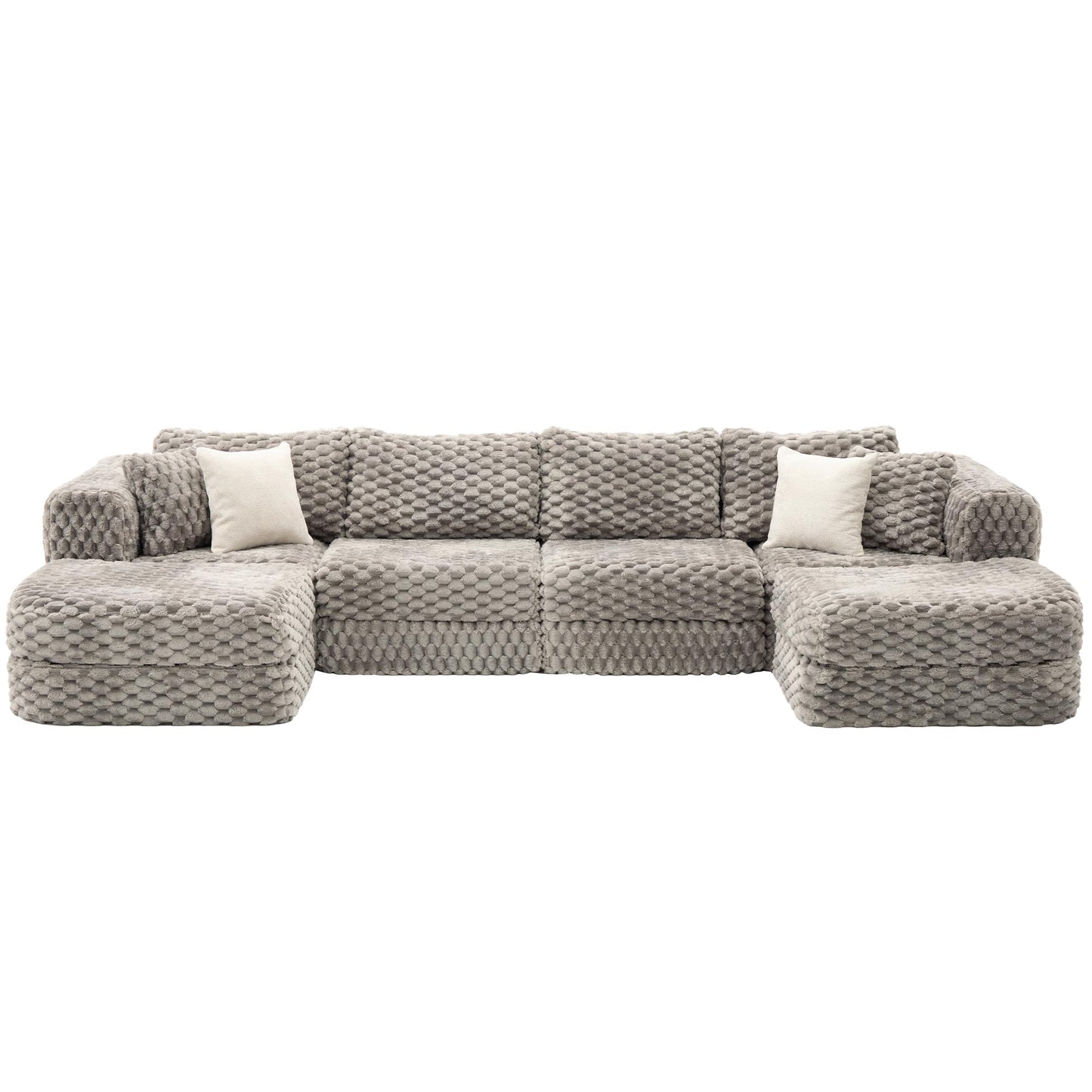 Merax 135.4 Inch Modular Sectional Sofa with 2 Movable Ottomans, Bubble Velvet U-Shape Convertible Couch for Living Room, Reversible Chaise, Includes 4 Throw Pillows, Grey