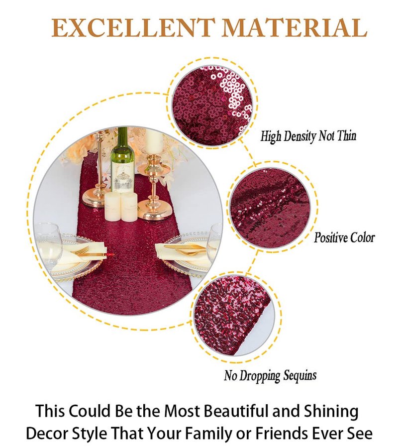 ShinyBeauty Sequin Table Runner Burgundy 12x108-Inch Wedding Table Runners Pack of 15 Wine Table Covers for Party Bridal Shower Decorations Glitter Table Runner for Baby Shower Birthday Party Table