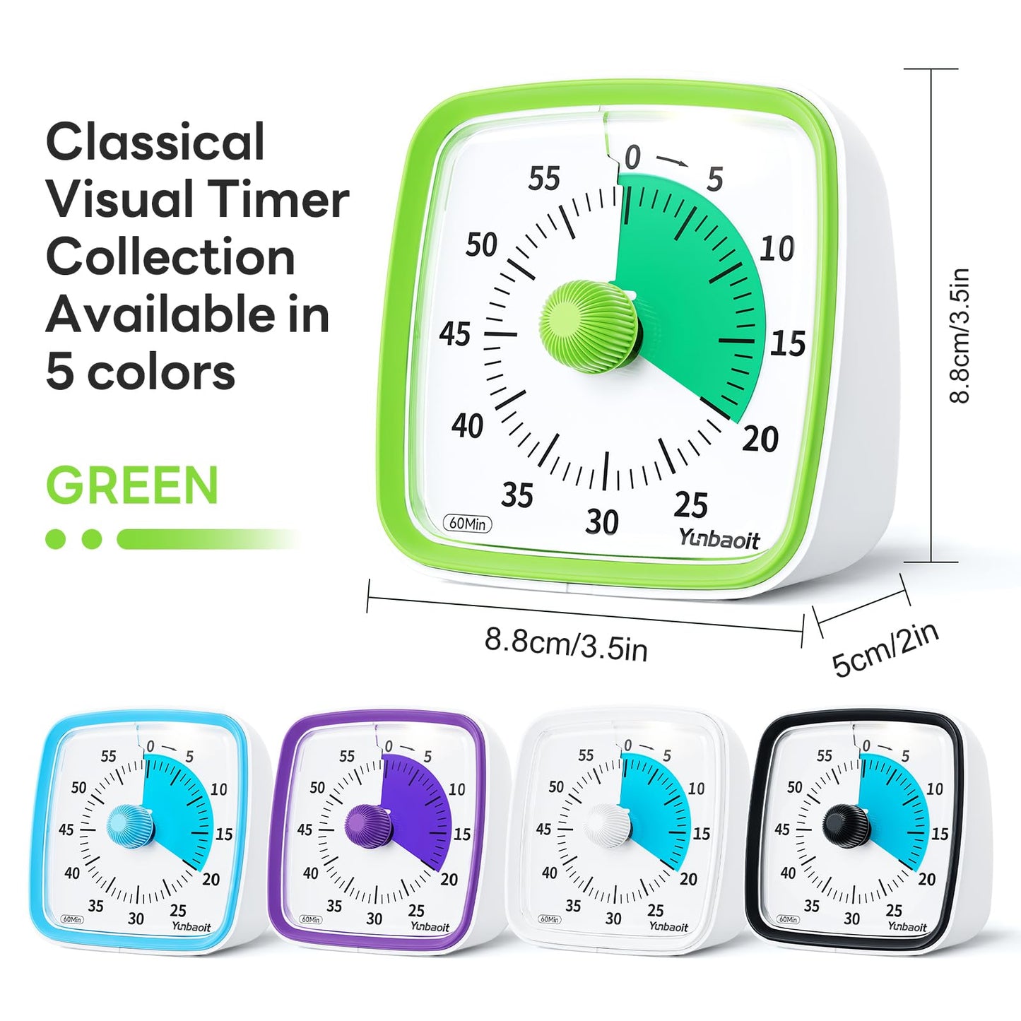 Yunbaoit Visual Timer with Night Light, 60-Minute Countdown Timer for Kids and Adults, Silent Classroom Timer, Time Management Tool for Home, School, or Work (Light Green)