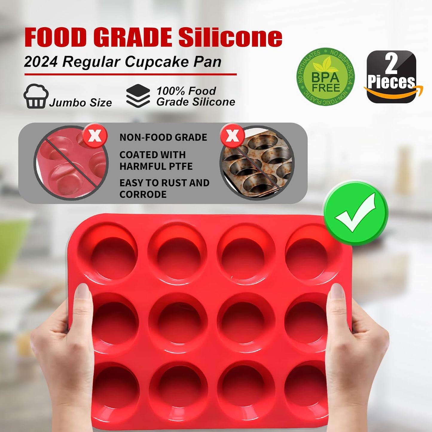 2PCS Silicone Muffin Pan - Thicken-12 Cup Non-Stick Baking Pan for Muffin Cakes, Tart, Bread - Dishwasher & Microwave