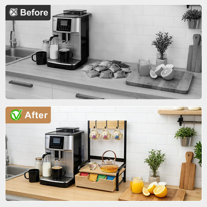 Tea Bag Organizer with Adjustable Drawer, Tea Organizers and Storage with 3 Hooks, Wood & Metal Tea Bag Holder, Tea Box Organizer for Countertop Tea Station, Tea Storage Organizer