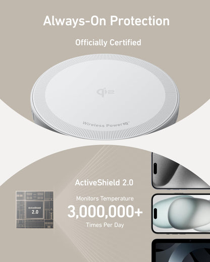 Anker MagSafe Charger Pad, MagGo iPhone 16 Wireless Charging Pad, Qi2 Certified 15W Wireless Charger, Compatible with iPhone 16/16 Plus/16 Pro/16 Pro Max/15/14/13/12 Series (USB-C Adapter Included)
